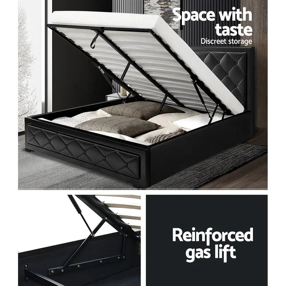 Artiss Bed Frame Double Size Gas Lift Base With Storage Black Leather Tiyo Collection Deals499