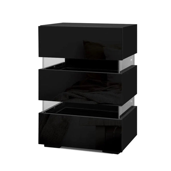 Artiss Bedside Table Side Unit RGB LED Lamp 3 Drawers Nightstand Gloss Furniture Black Deals499