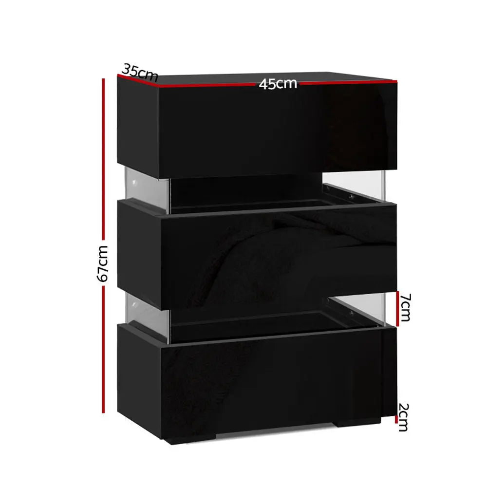 Artiss Bedside Table Side Unit RGB LED Lamp 3 Drawers Nightstand Gloss Furniture Black Deals499