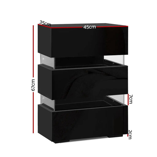 Artiss Bedside Table Side Unit RGB LED Lamp 3 Drawers Nightstand Gloss Furniture Black Deals499