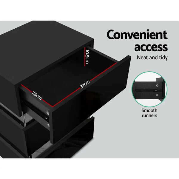 Artiss Bedside Table Side Unit RGB LED Lamp 3 Drawers Nightstand Gloss Furniture Black Deals499