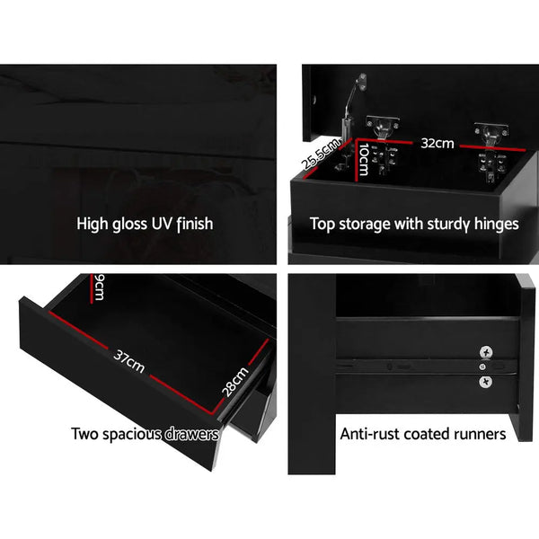 Artiss Bedside Tables Side Table Drawers RGB LED High Gloss Nightstand Black Deals499