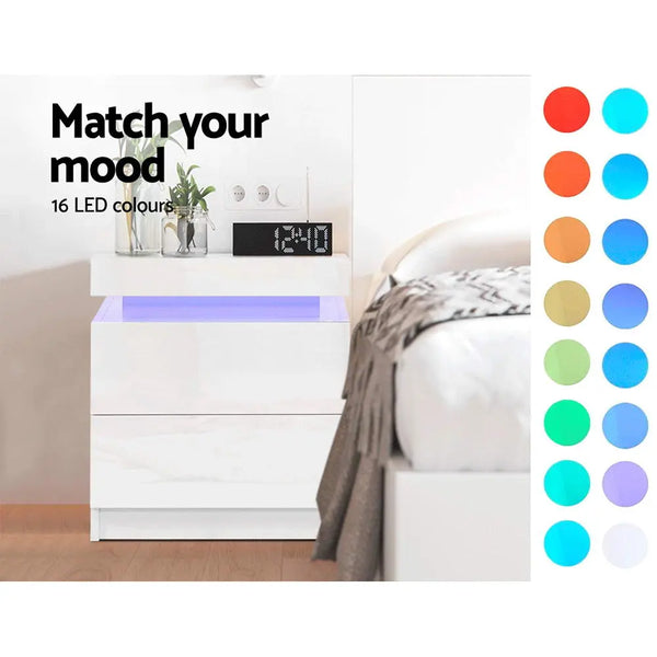 Artiss Bedside Tables Side Table Drawers RGB LED High Gloss Nightstand White Deals499