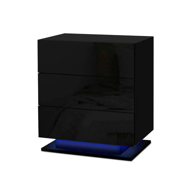 Artiss Bedside Tables Side Table RGB LED Lamp 3 Drawers Nightstand Gloss Black Deals499