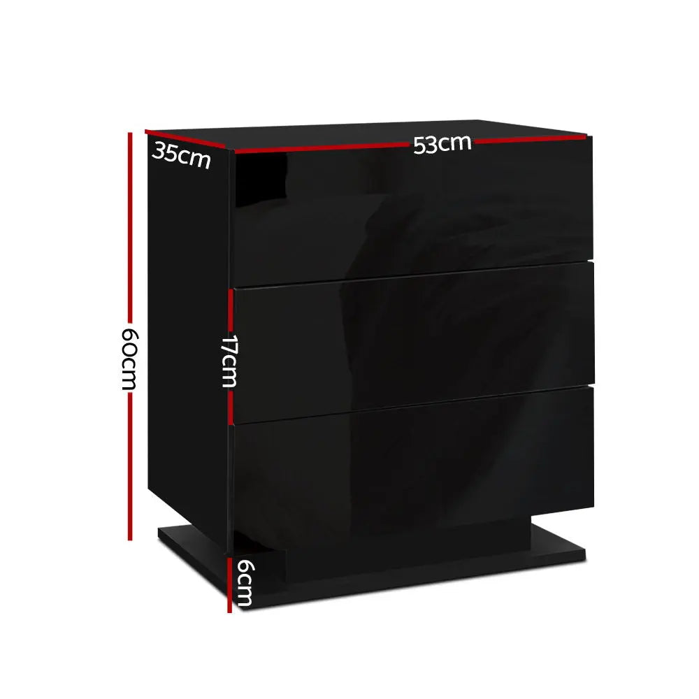 Artiss Bedside Tables Side Table RGB LED Lamp 3 Drawers Nightstand Gloss Black Deals499