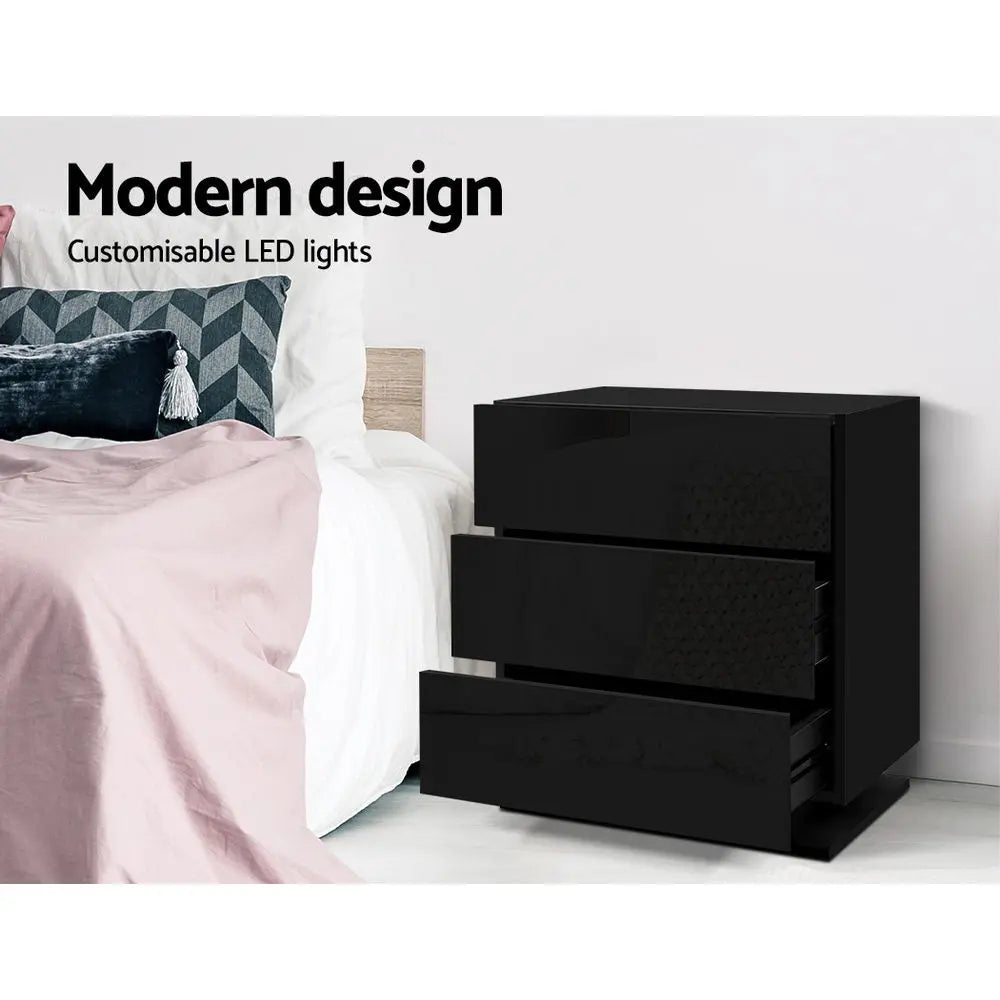 Artiss Bedside Tables Side Table RGB LED Lamp 3 Drawers Nightstand Gloss Black Deals499