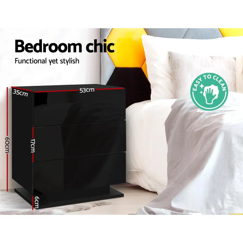 Artiss Bedside Tables Side Table RGB LED Lamp 3 Drawers Nightstand Gloss Black Deals499