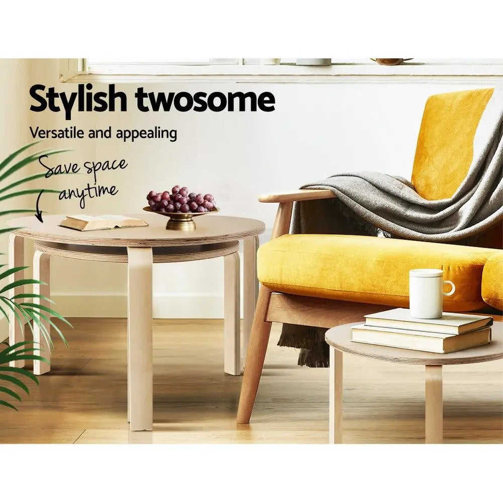 Artiss Coffee Table Nest of 2 Round Side End Tables Bedside Furniture Wooden Deals499