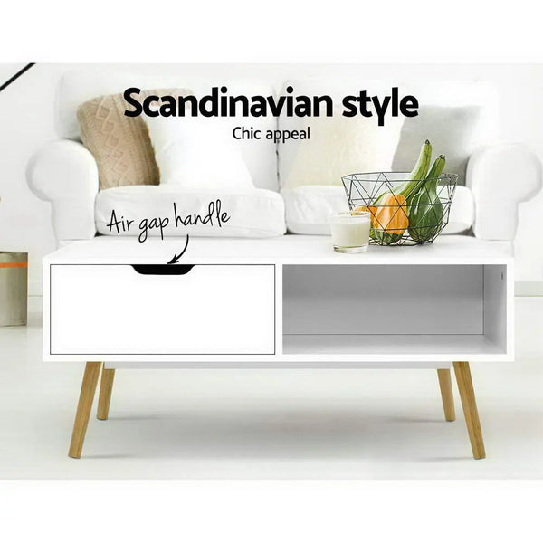 Artiss Coffee Table Storage Drawer Open Shelf Wooden Legs Scandinavian White Deals499