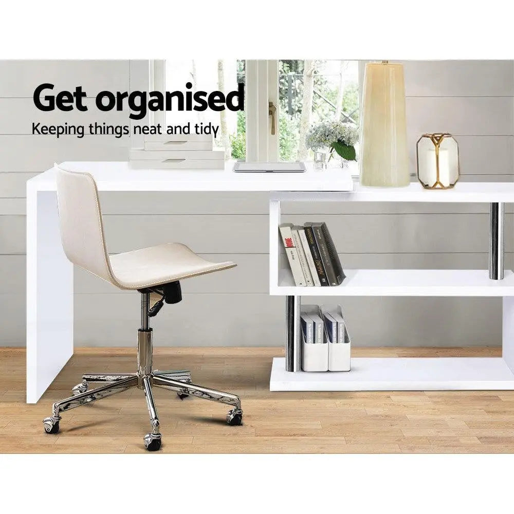 Artiss Rotary Corner Desk with Bookshelf - White Deals499