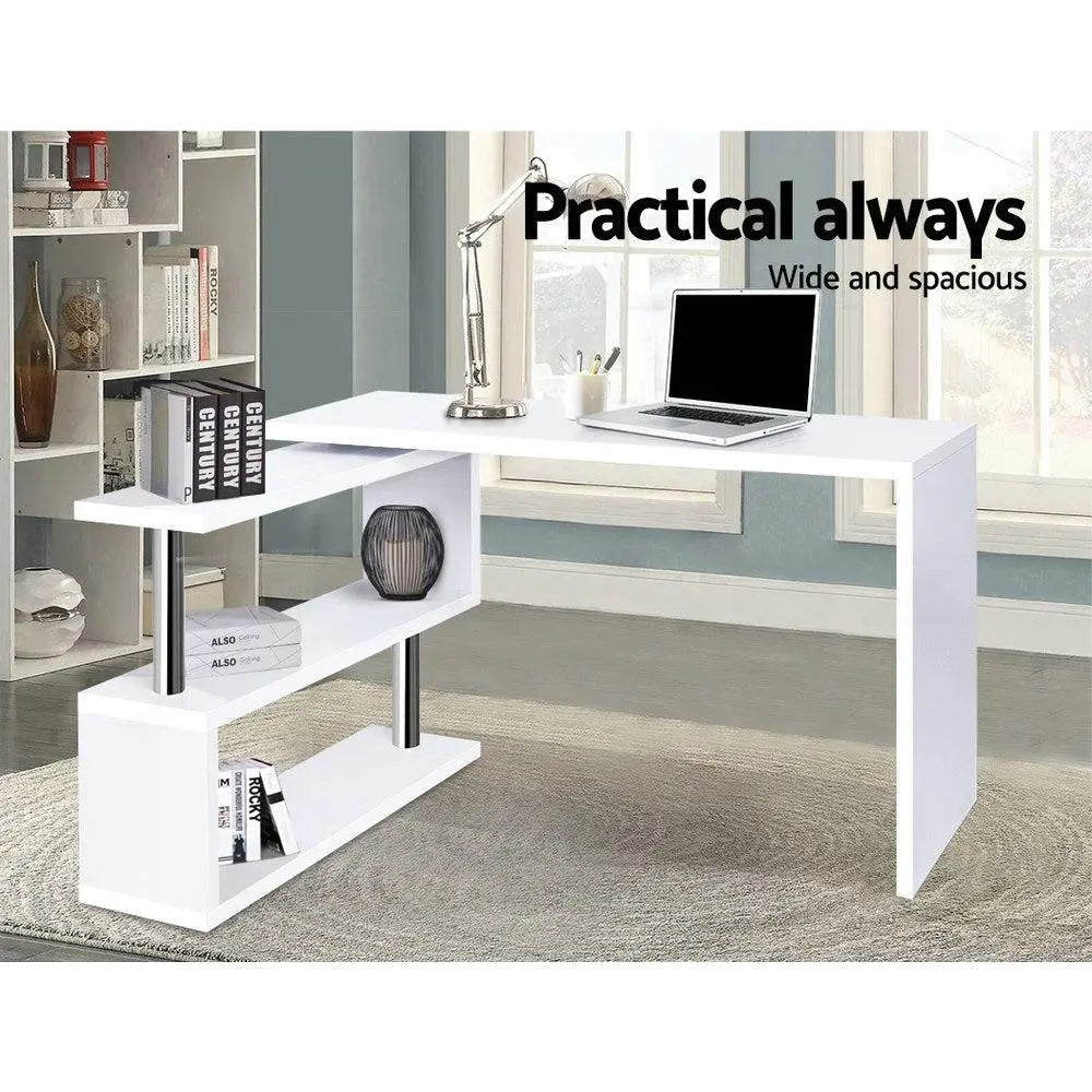 Artiss Rotary Corner Desk with Bookshelf - White Deals499