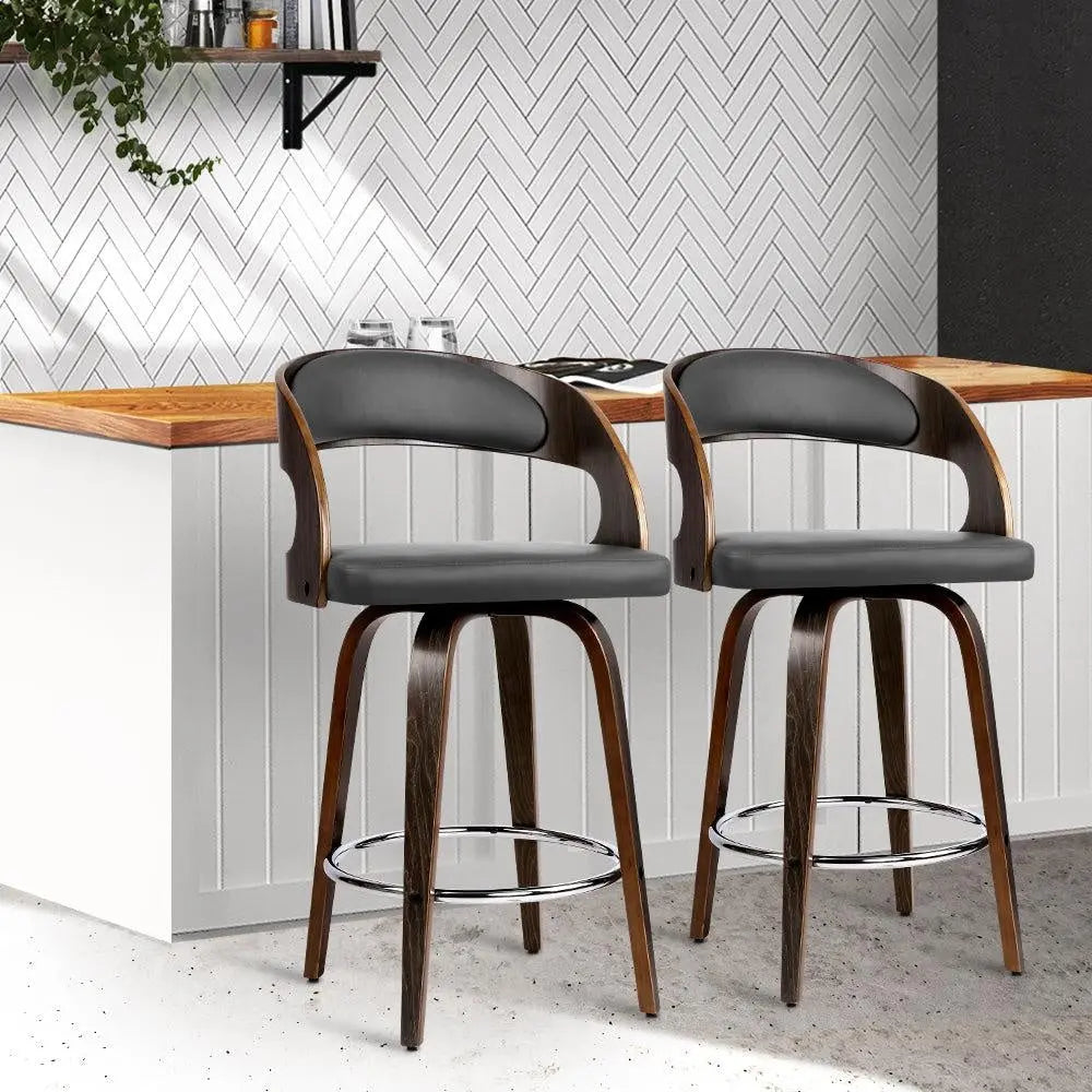 Artiss Set of 2 Walnut Wooden PU Leather Bar Stools - Grey and Walnut Deals499