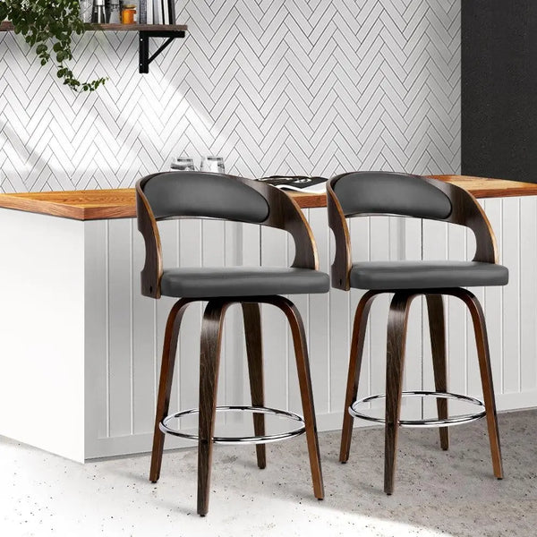 Artiss Set of 2 Walnut Wooden PU Leather Bar Stools - Grey and Walnut Deals499