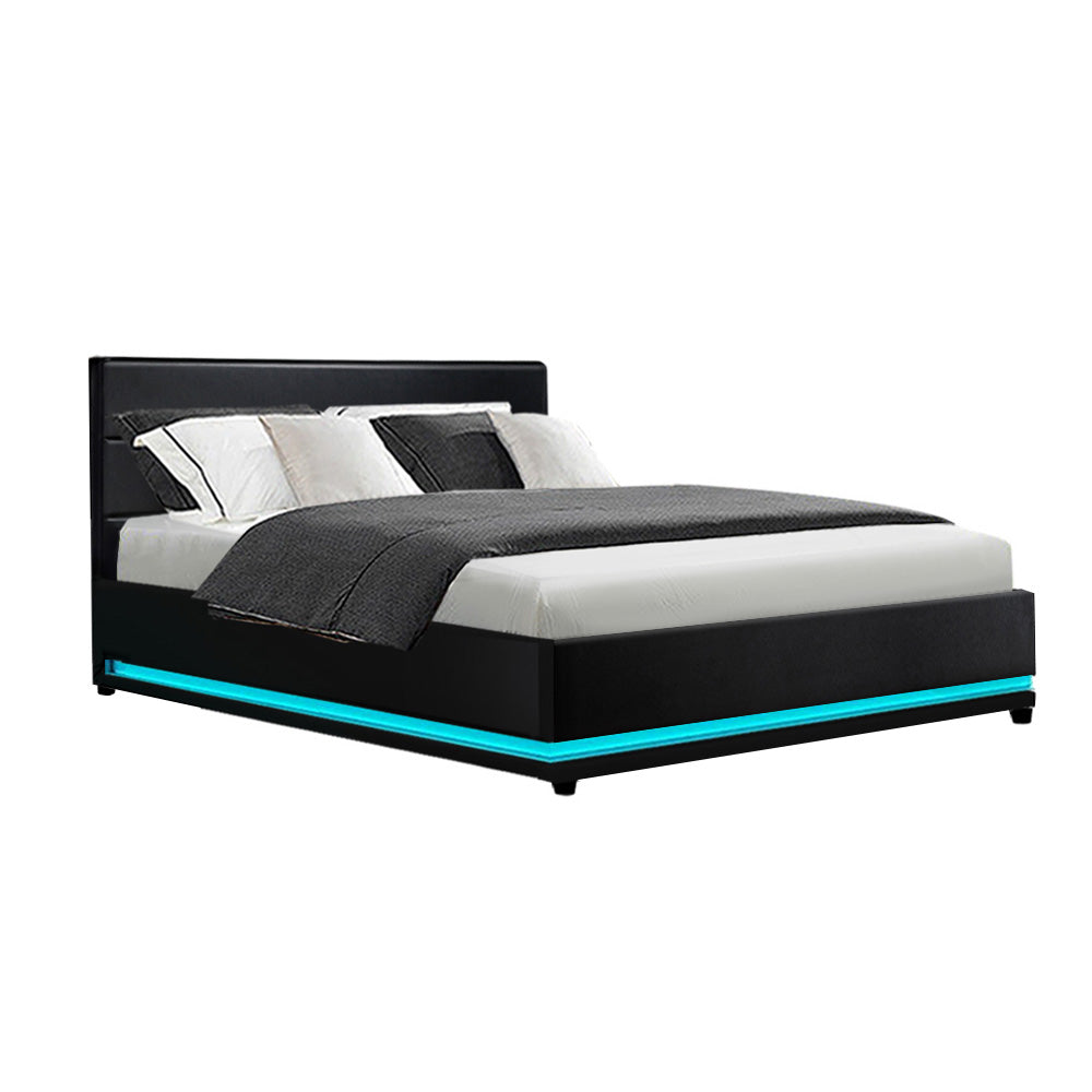 Artiss Lumi LED Bed Frame PU Leather Gas Lift Storage - Black Double Deals499