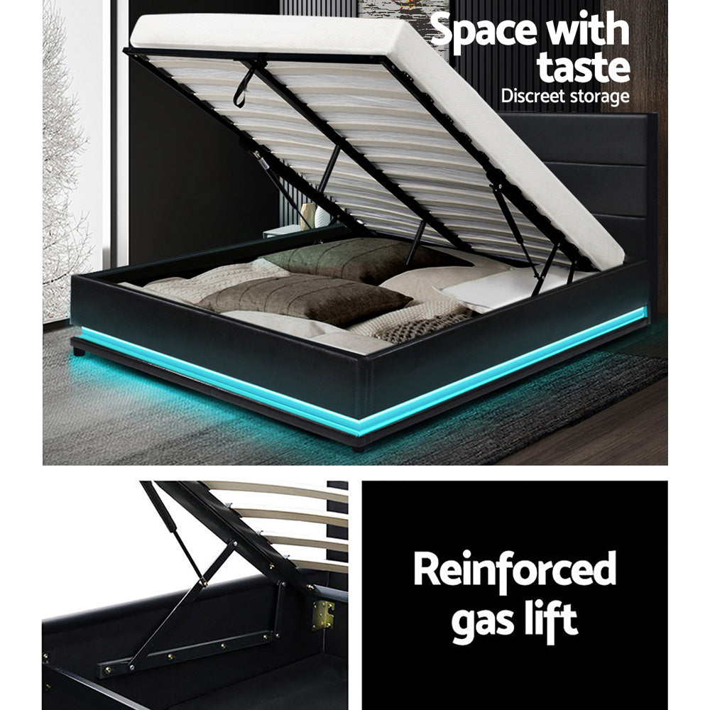 Artiss Lumi LED Bed Frame PU Leather Gas Lift Storage - Black Double Deals499