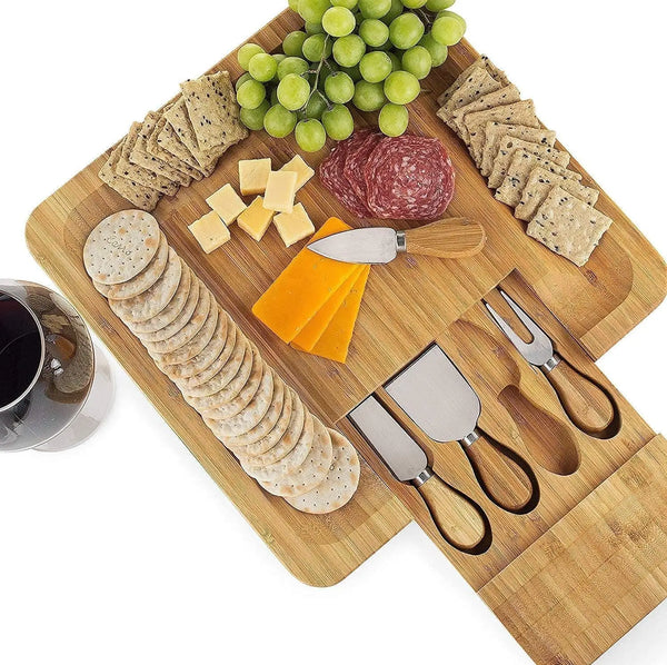 Bamboo Cheese Board Set with Cutlery in Slide-Out Drawer Including 4 Stainless Steel Serving Utensils Deals499