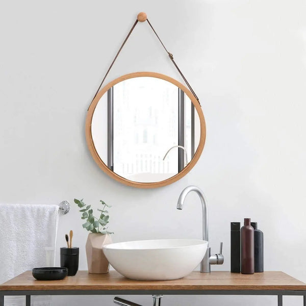 CARLA HOME Hanging Round Wall Mirror 38 cm - Solid Bamboo Frame and Adjustable Leather Strap for Bathroom and Bedroom Deals499