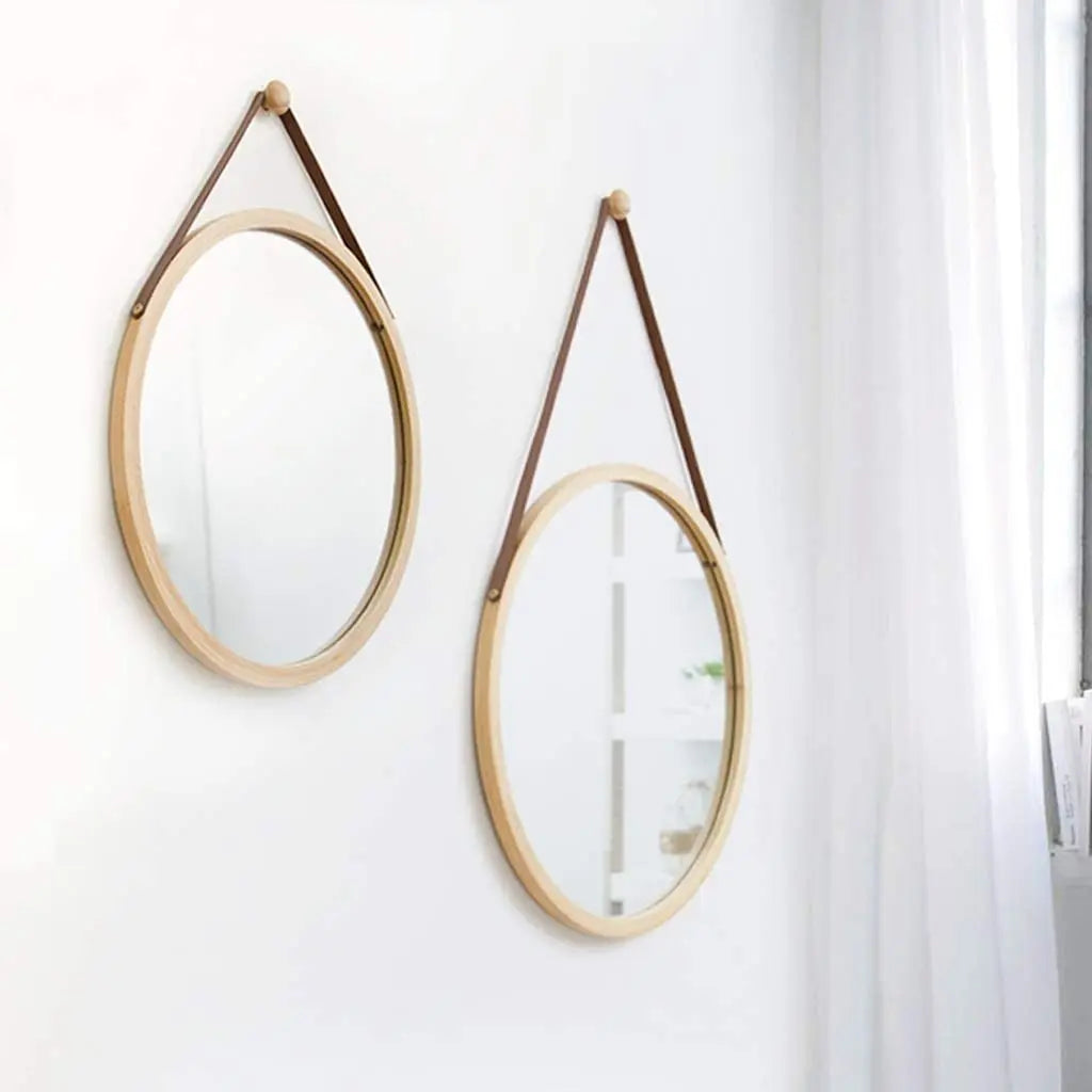 CARLA HOME Hanging Round Wall Mirror 45 cm - Solid Bamboo Frame and Adjustable Leather Strap for Bathroom and Bedroom Deals499