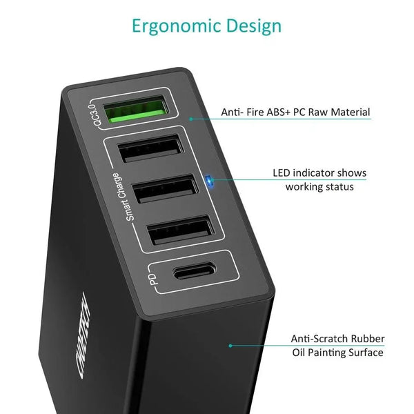 CHOETECH Q34U2Q 5-Port 60W PD Charger with 30W Power Delivery and 18W Quick Charge 3.0 Deals499