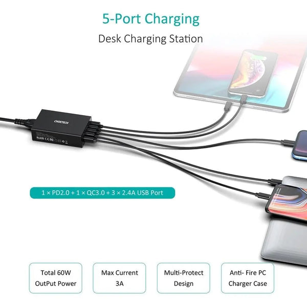 CHOETECH Q34U2Q 5-Port 60W PD Charger with 30W Power Delivery and 18W Quick Charge 3.0 Deals499