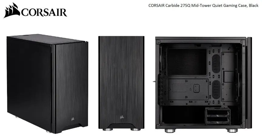 CORSAIR Carbide Series 275Q Mid-Tower Quiet ATX Case, 2x 3.5', 4x 2.5'. Up to 360mm Radiator, VGA 370mm, CPU 170mm. Black CORSAIR