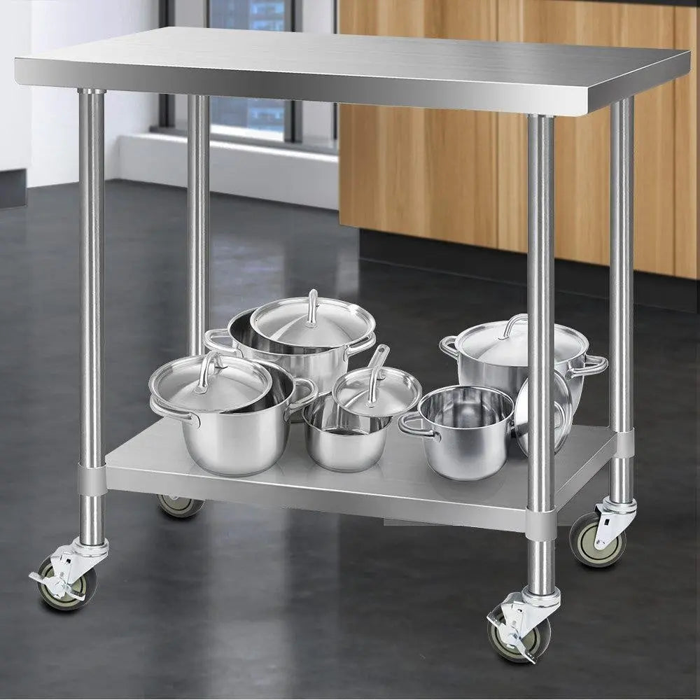 Cefito 430 Stainless Steel Kitchen Benches Work Bench Food Prep Table with Wheels 1219MM x 610MM Deals499