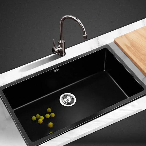 Cefito Stone Kitchen Sink 790X450MM Granite Under/Topmount Basin Bowl Laundry Black Deals499
