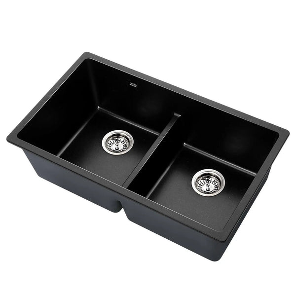 Cefito Stone Kitchen Sink 790X460MM Granite Under/Topmount Basin Double Bowl Black Deals499