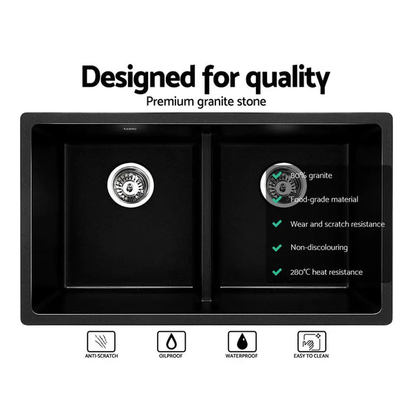 Cefito Stone Kitchen Sink 790X460MM Granite Under/Topmount Basin Double Bowl Black Deals499