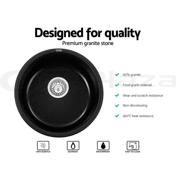 Cefito Stone Kitchen Sink Round 430MM Granite Under/Topmount Basin Bowl Laundry Black Deals499