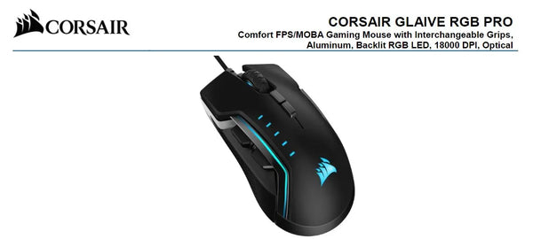 Corsair Gaming GLAIVE PRO RGB Gaming Mouse - Black, Backlit RGB LED, 18000 DPI, Optical, CUE Software, Changeable Thumb Grips. (LS) CORSAIR