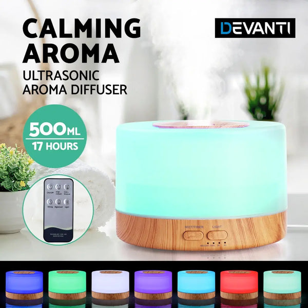 DEVANTI Aroma Diffuser Aromatherapy LED Night Light Air Humidifier Purifier Round Light Wood Grain 500ml Remote Control Deals499