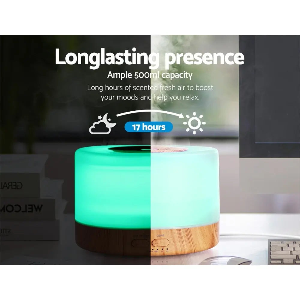 DEVANTI Aroma Diffuser Aromatherapy LED Night Light Air Humidifier Purifier Round Light Wood Grain 500ml Remote Control Deals499