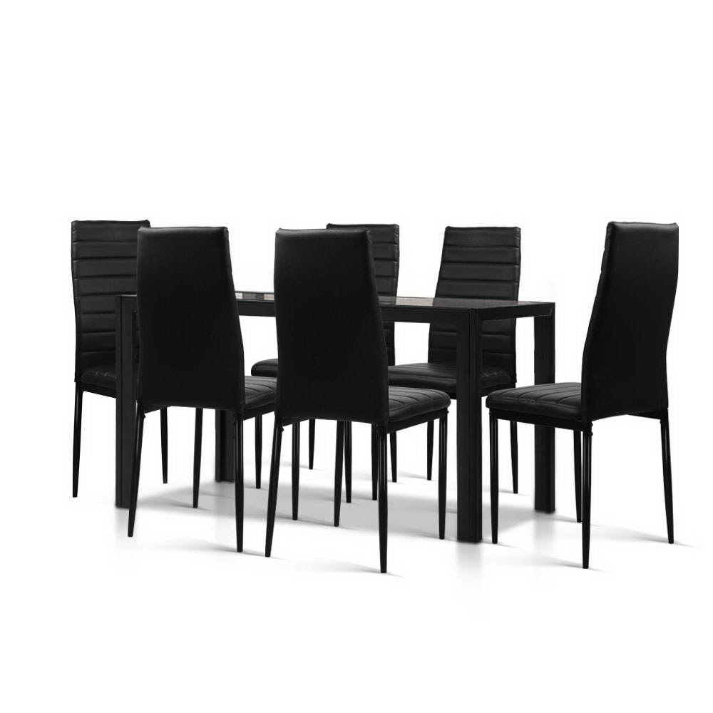 Artiss Astra 7-Piece Set Tempered Glass Dining Set Table and 6 Chairs Black Deals499