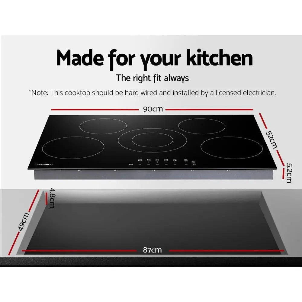 Devanti 90cm Ceramic Cooktop Electric Cook Top 5 Burner Stove Hob Touch Control 6-Zones Deals499