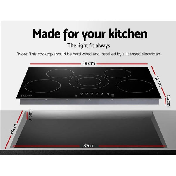 Devanti 90cm Ceramic Cooktop Electric Cook Top 5 Burner Stove Hob Touch Control 6-Zones Deals499