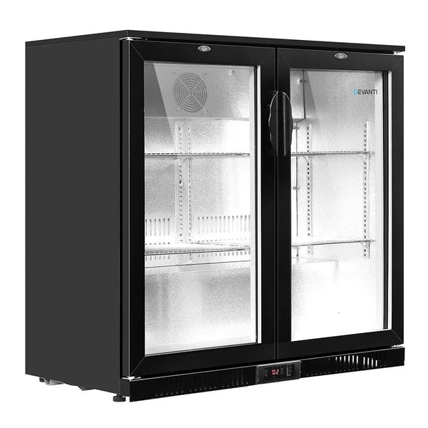 Devanti Bar Fridge 2 Glass Door Commercial Display Freeer Drink Beverage Cooler Black Deals499