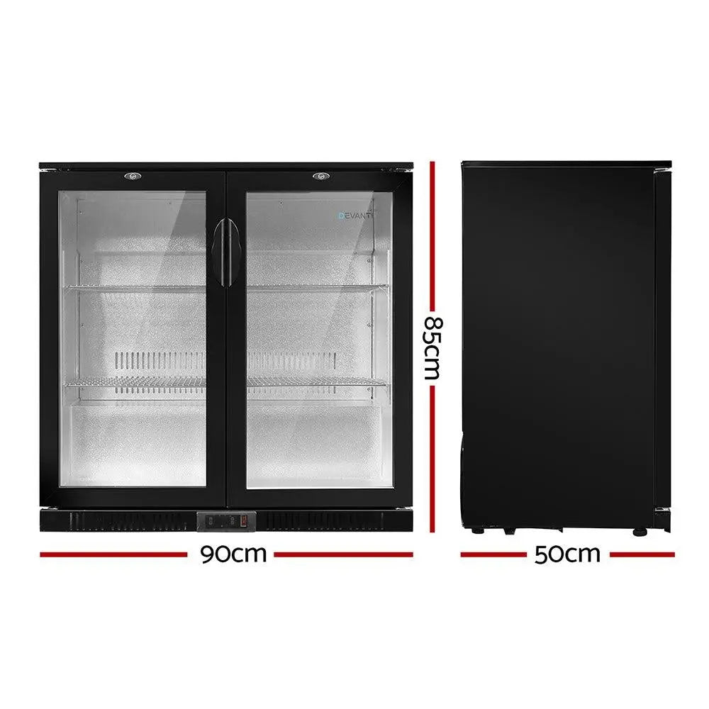 Devanti Bar Fridge 2 Glass Door Commercial Display Freeer Drink Beverage Cooler Black Deals499