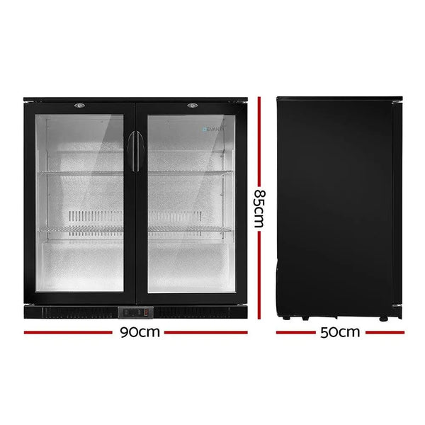 Devanti Bar Fridge 2 Glass Door Commercial Display Freeer Drink Beverage Cooler Black Deals499