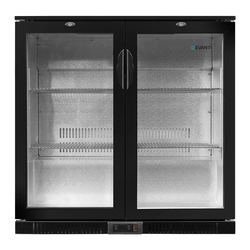 Devanti Bar Fridge 2 Glass Door Commercial Display Freeer Drink Beverage Cooler Black Deals499