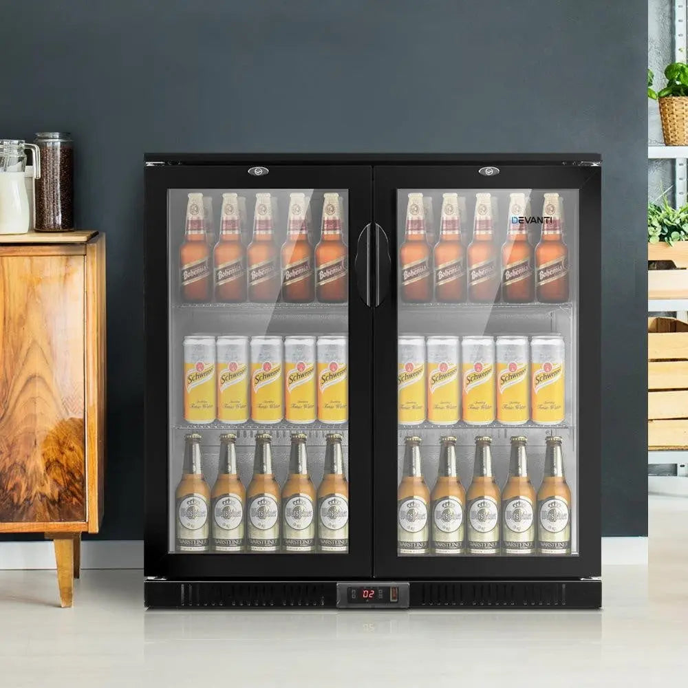 Devanti Bar Fridge 2 Glass Door Commercial Display Freeer Drink Beverage Cooler Black Deals499