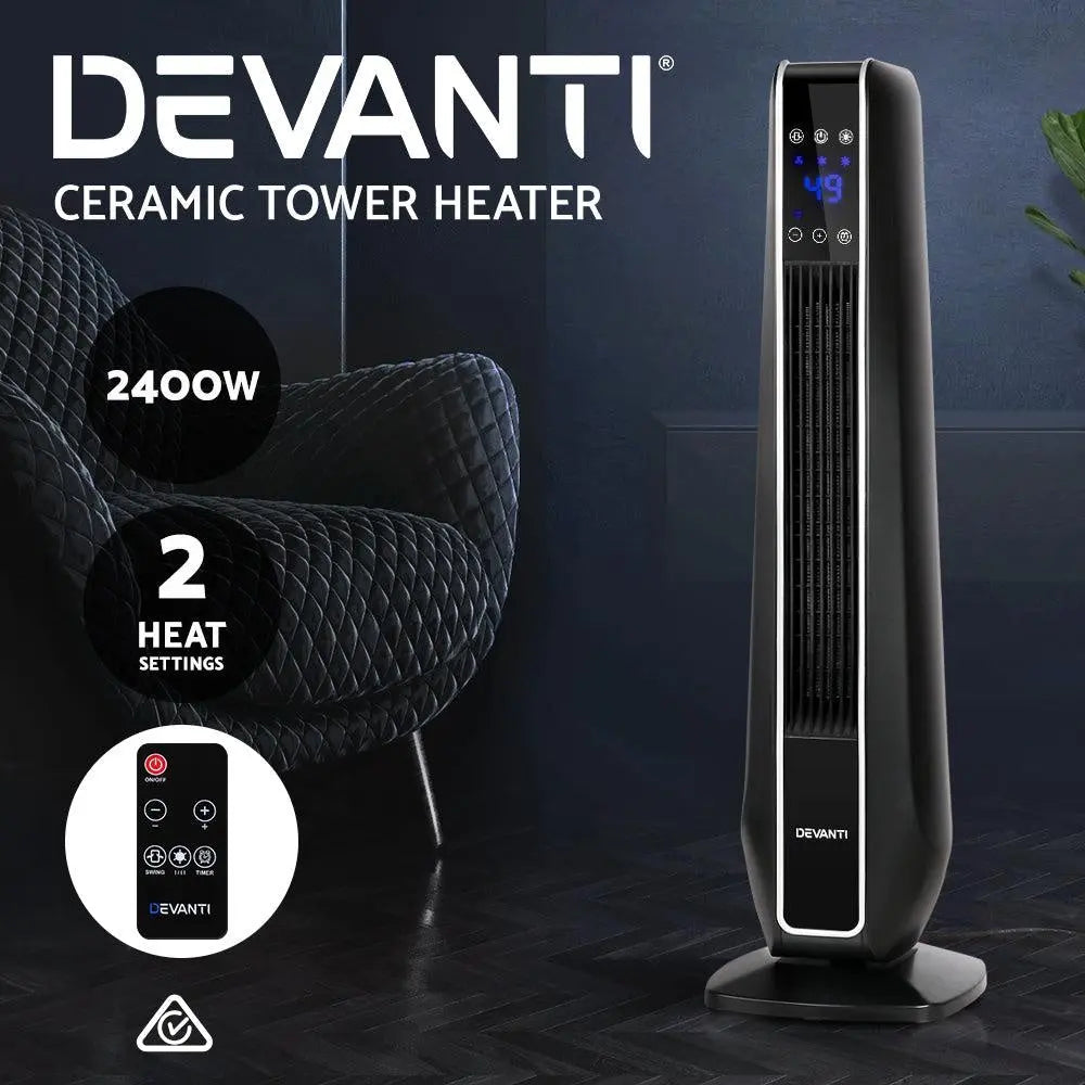 Devanti Electric Ceramic Tower Fan Heater Portable Oscillating Remote Control 2400W Black Deals499