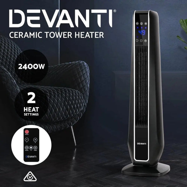 Devanti Electric Ceramic Tower Fan Heater Portable Oscillating Remote Control 2400W Black Deals499