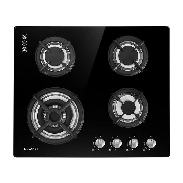 Devanti Gas Cooktop 60cm 4 Burner Ceramic Glass Cook Top Stove Hob Cooker LPG NG Black Deals499