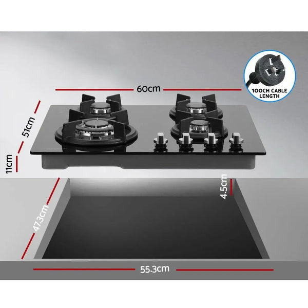 Devanti Gas Cooktop 60cm 4 Burner Ceramic Glass Cook Top Stove Hob Cooker LPG NG Black Deals499