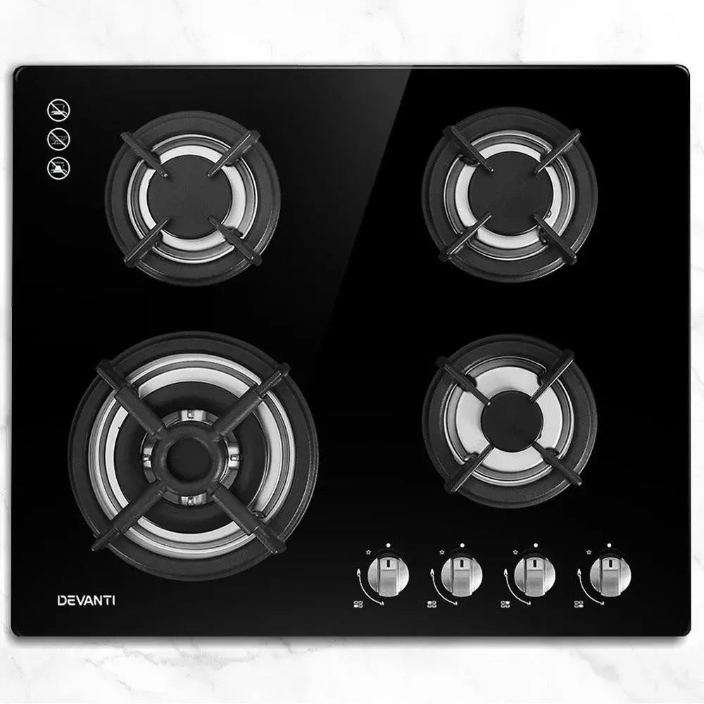 Devanti Gas Cooktop 60cm 4 Burner Ceramic Glass Cook Top Stove Hob Cooker LPG NG Black Deals499