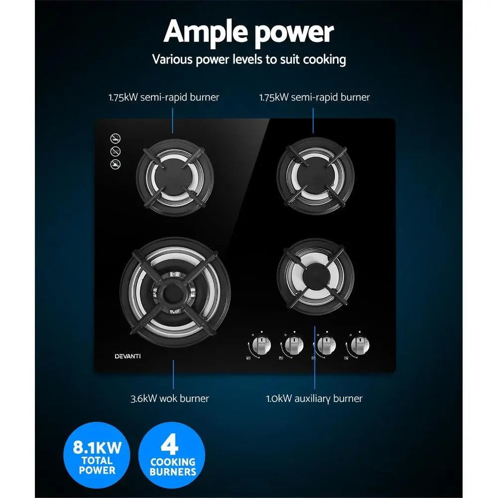 Devanti Gas Cooktop 60cm 4 Burner Ceramic Glass Cook Top Stove Hob Cooker LPG NG Black Deals499