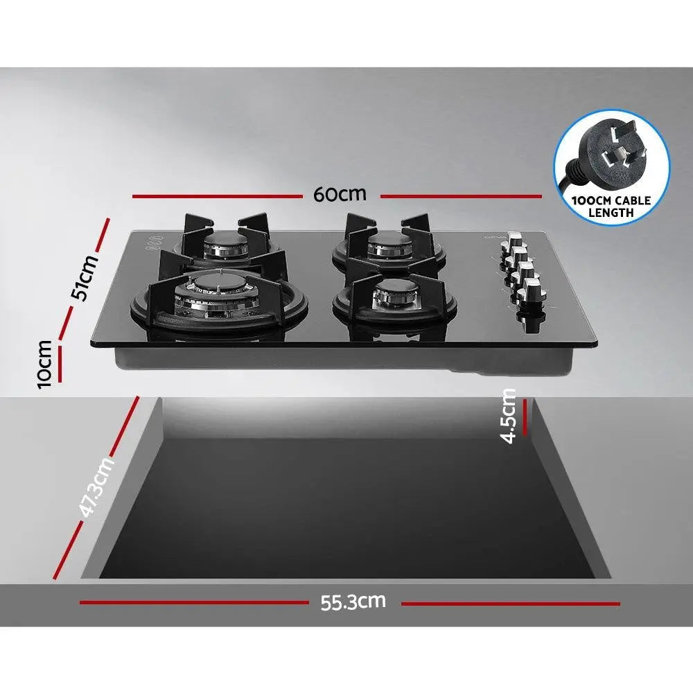 Devanti Gas Cooktop 60cm 4 Burner Glass Cook Top Cooker Stove Hob NG LPG Black Deals499