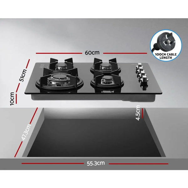 Devanti Gas Cooktop 60cm 4 Burner Glass Cook Top Cooker Stove Hob NG LPG Black Deals499