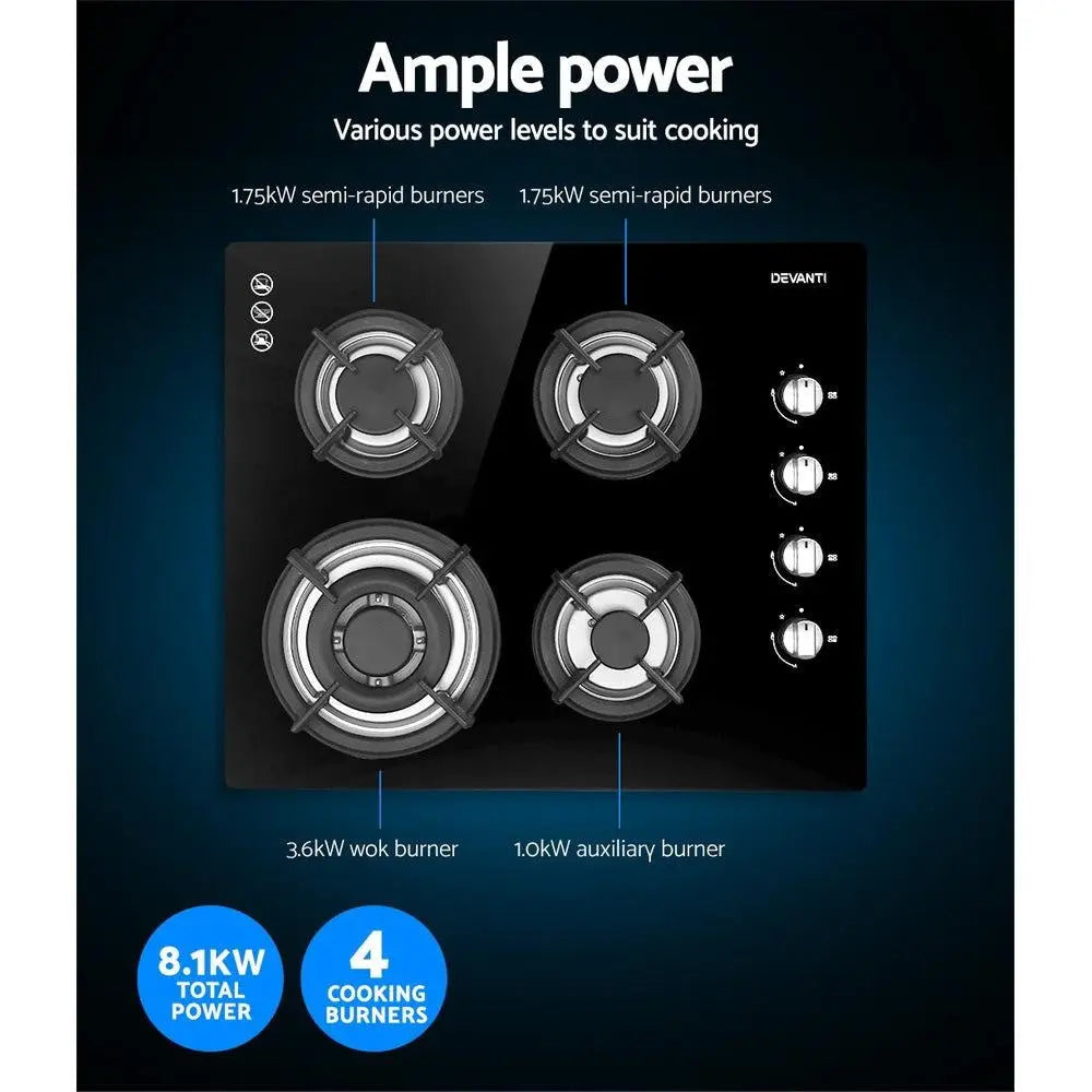 Devanti Gas Cooktop 60cm 4 Burner Glass Cook Top Cooker Stove Hob NG LPG Black Deals499
